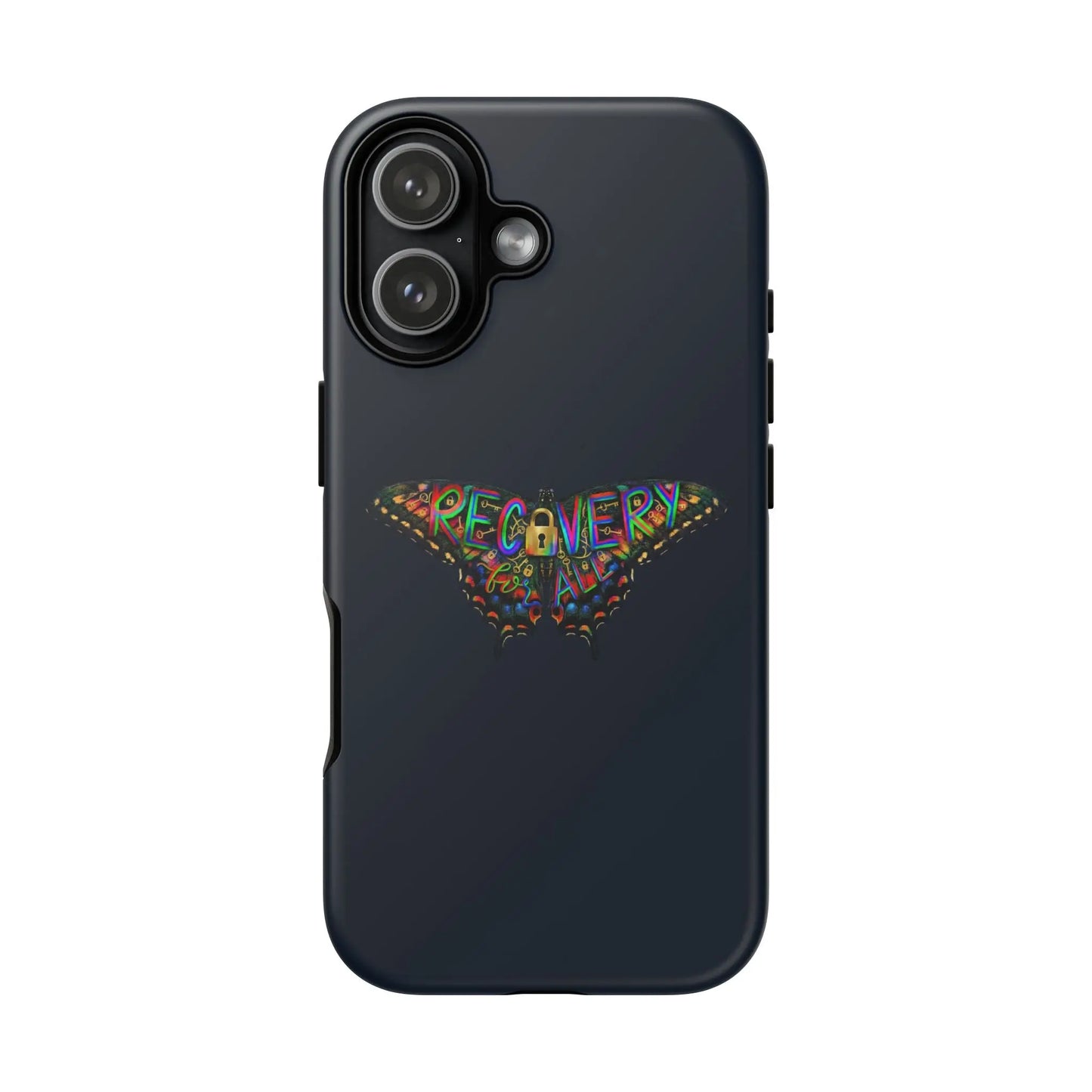 Black phone case with colorful 'RECOVERY' design on a white background