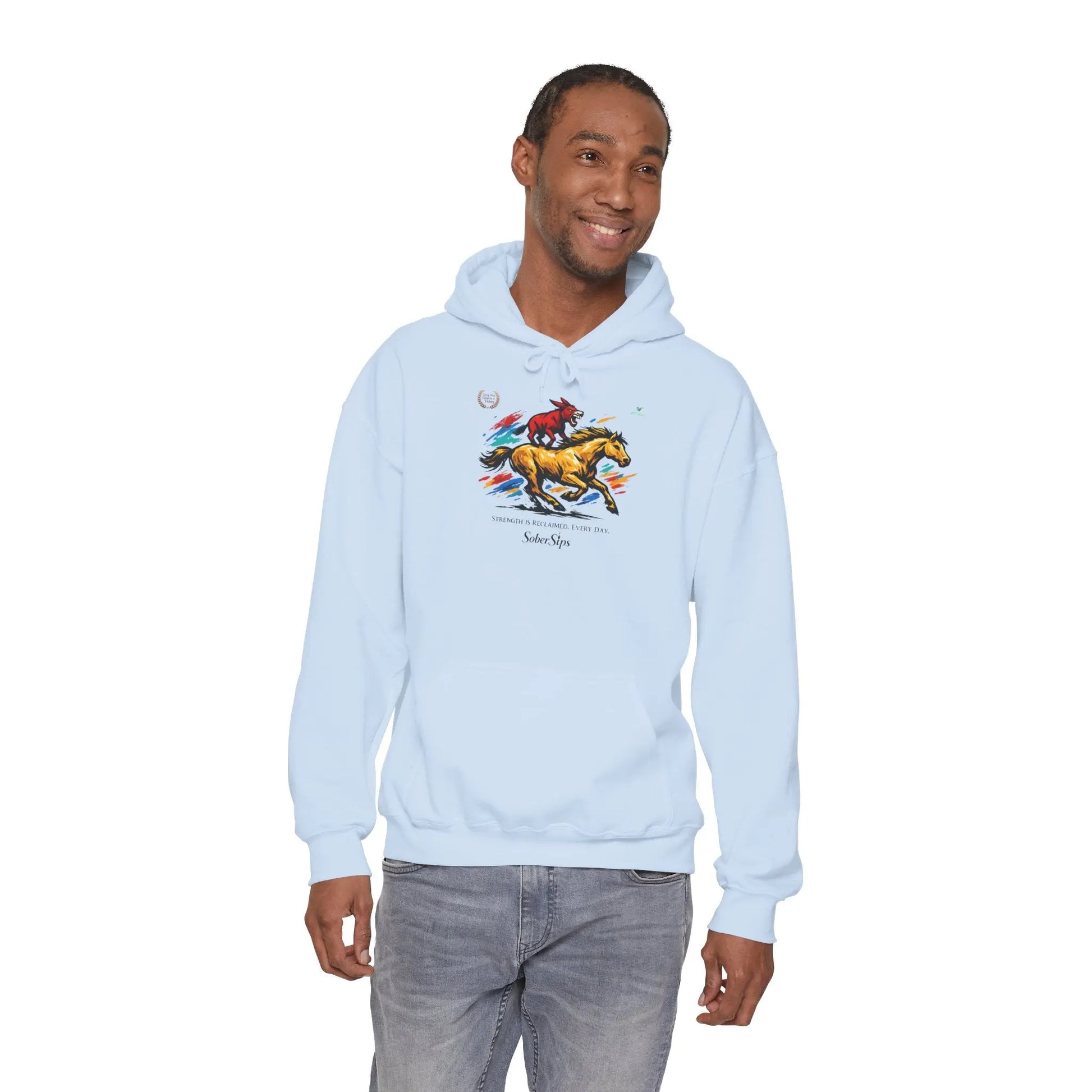 Horse Rider Graphic Hoodie — "SoberSips, Happy Lips" Coffee Backprint Printify