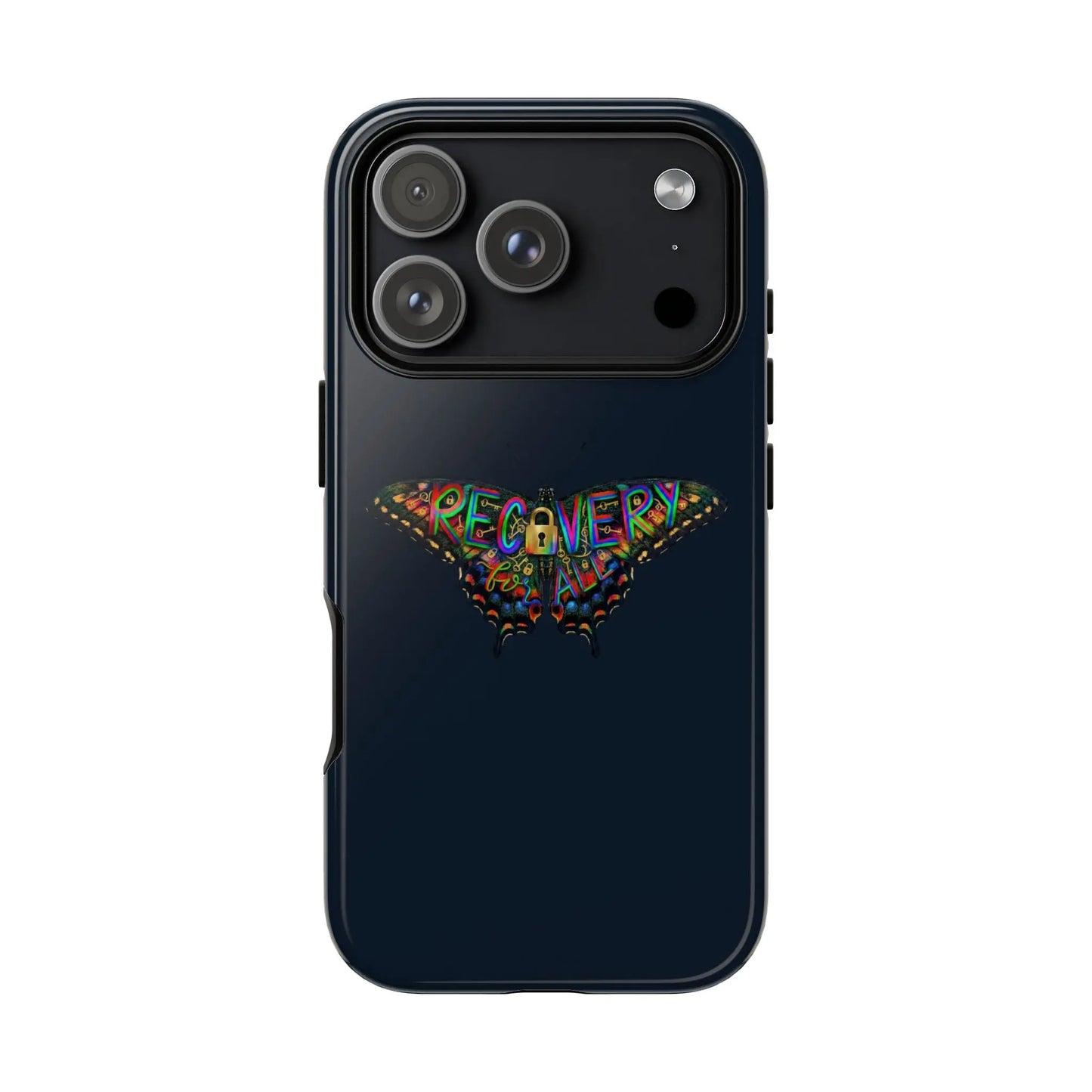 Phone case with 'RECOVERY' design on a black background