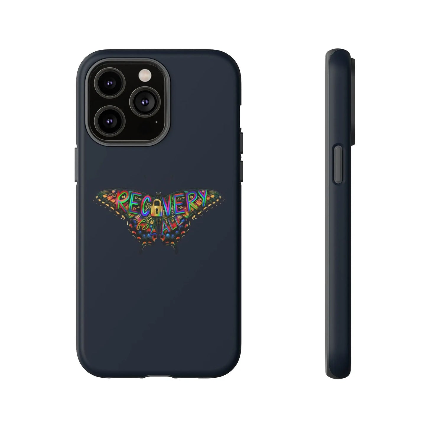 phone case with colorful 'Recovery for all' butterfly