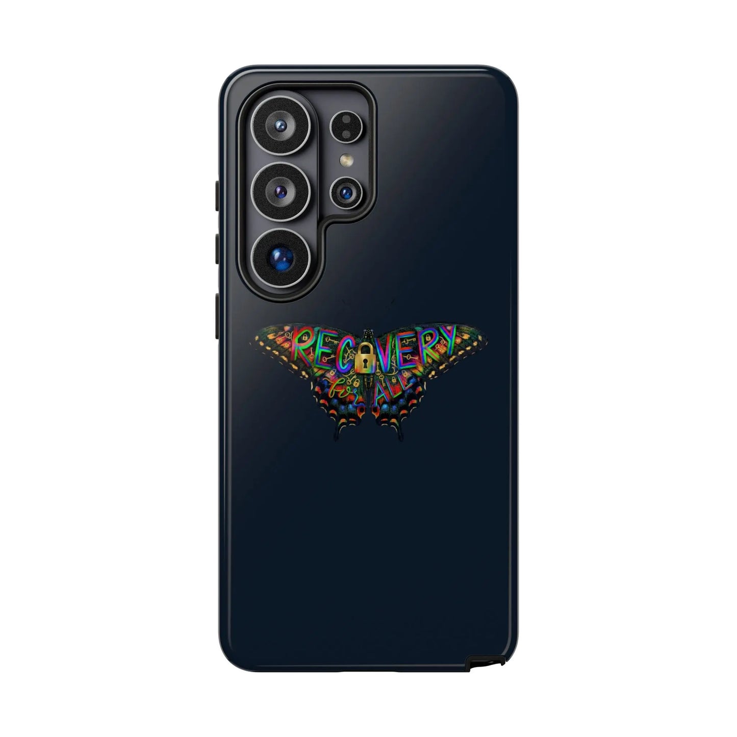 Black phone case with a colorful butterfly design and 'RECOVERY' text on a white background