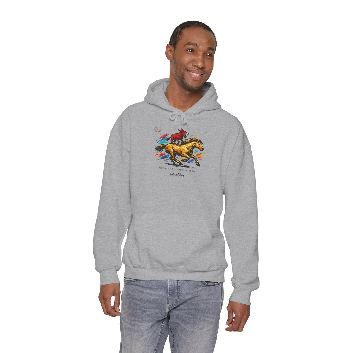 Horse Rider Graphic Hoodie — "SoberSips, Happy Lips" Coffee Backprint Printify