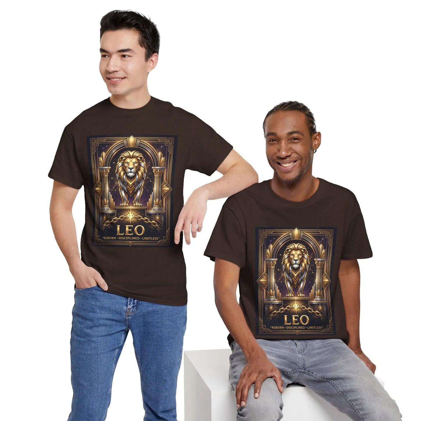 Leo Zodiac Lion T‑Shirt — Gold Heraldic Astrology Tee Printify