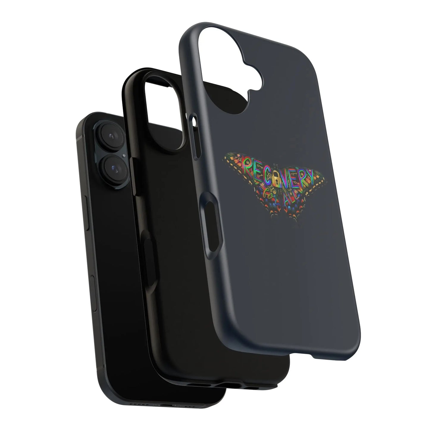 Phone case with recovery for all butterfly text on a black background.