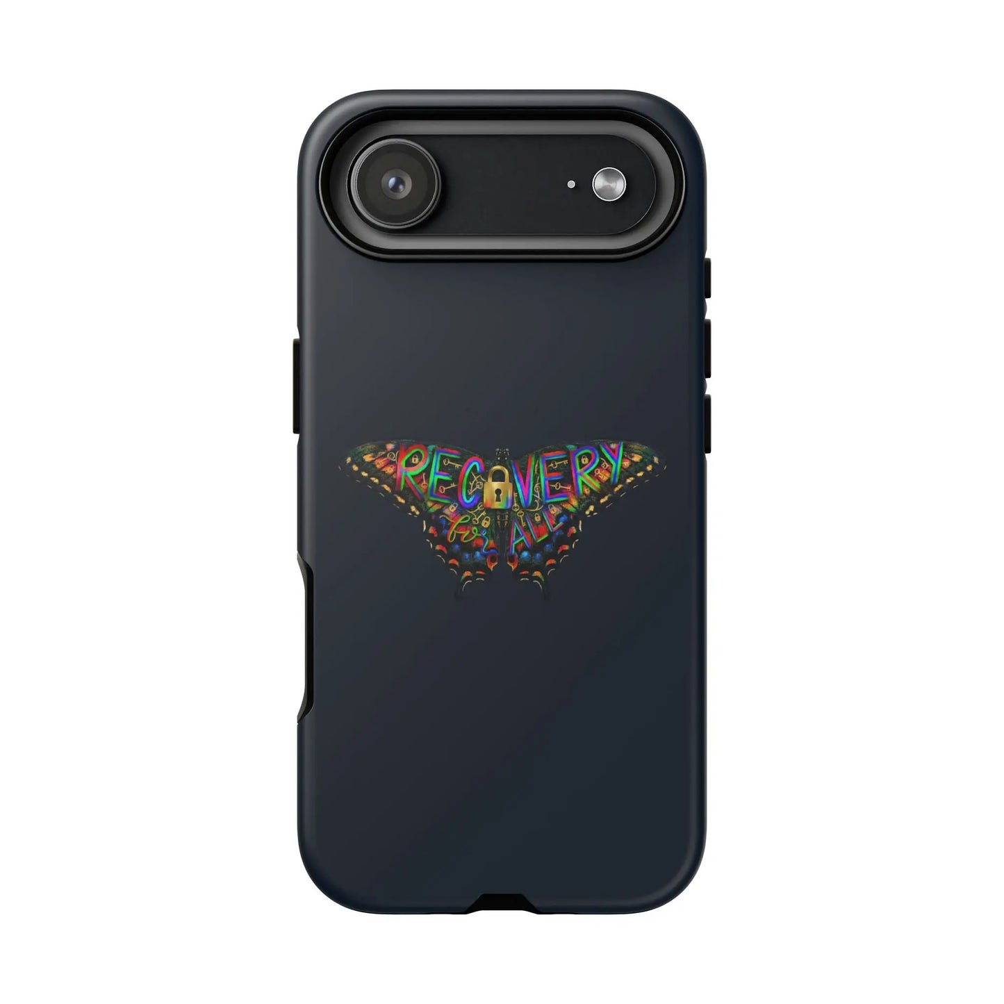 Black phone case with colorful 'RECOVERY' design on a white background