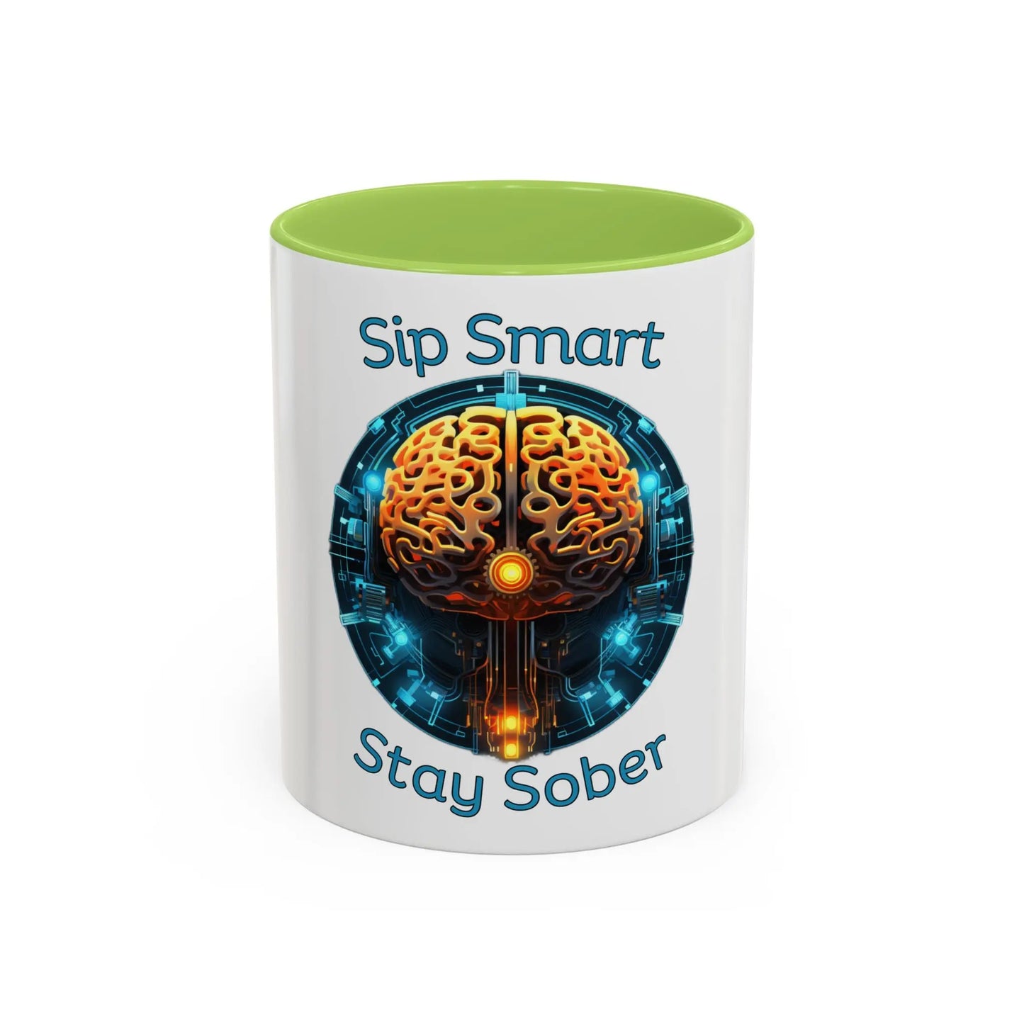 Green Coffee Mug with brain design and 'Sip Smart Stay Sober' 15oz