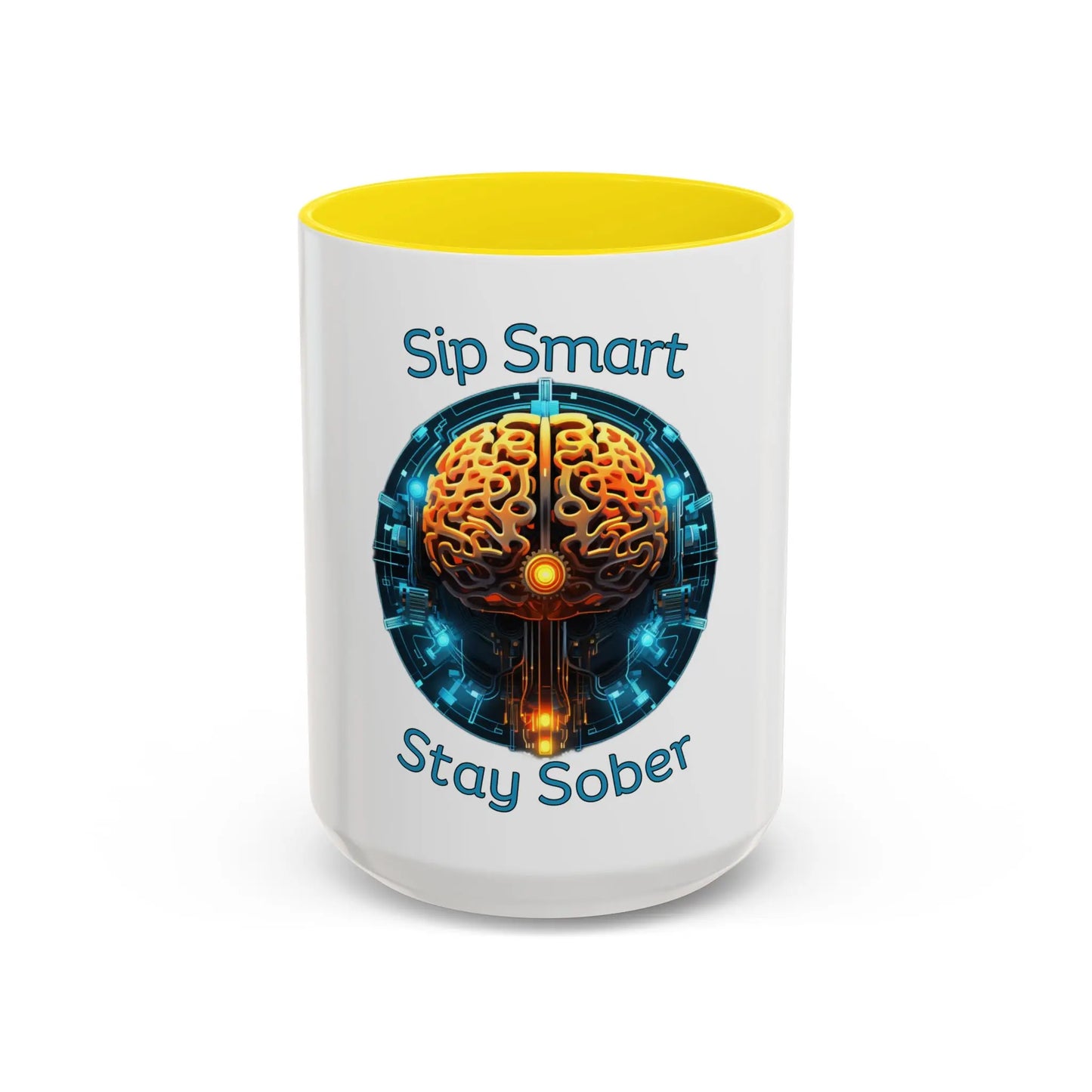 Yellow Coffee Mug with brain design and 'Sip Smart Stay Sober' 15oz