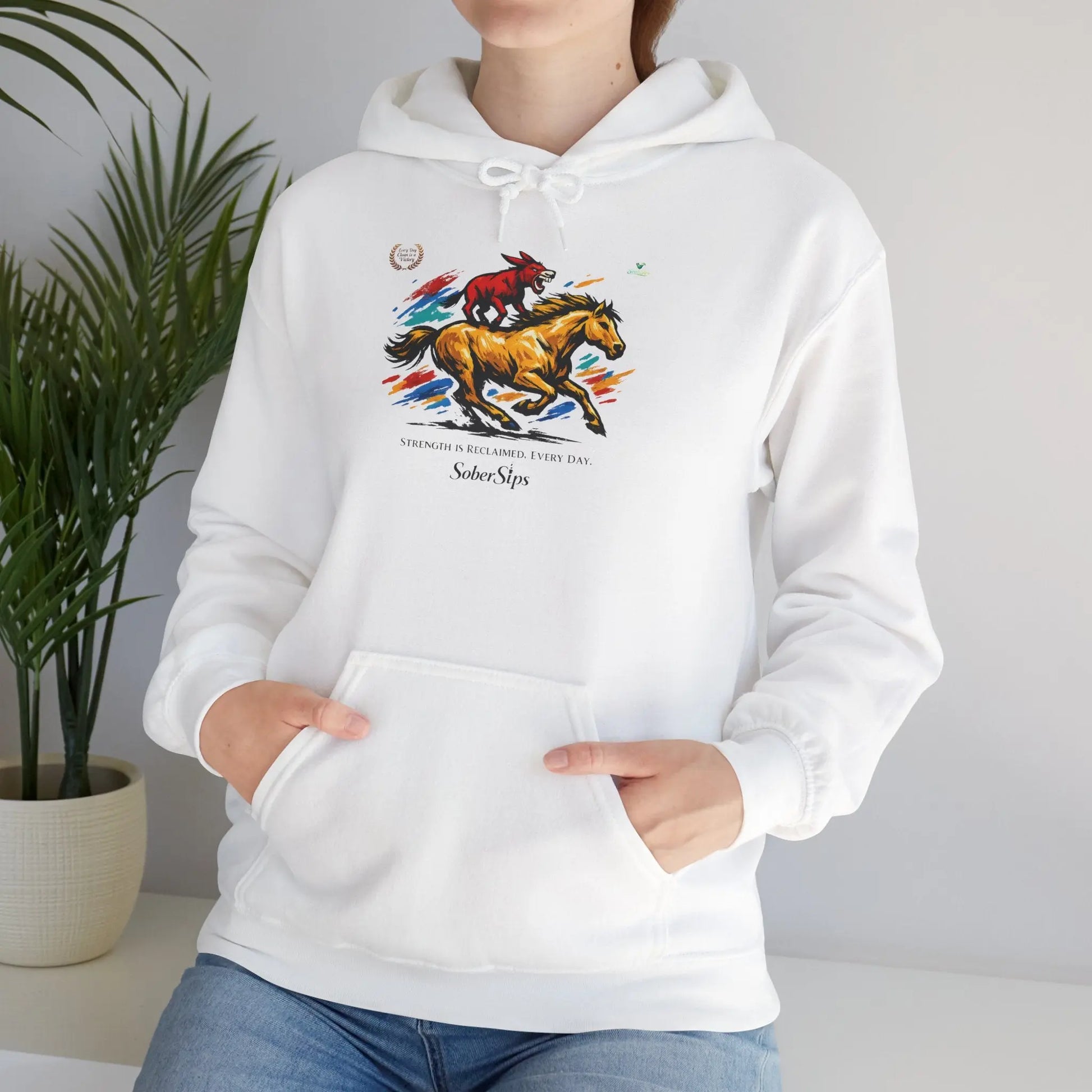 Horse Rider Graphic Hoodie — "SoberSips, Happy Lips" Coffee Backprint Printify