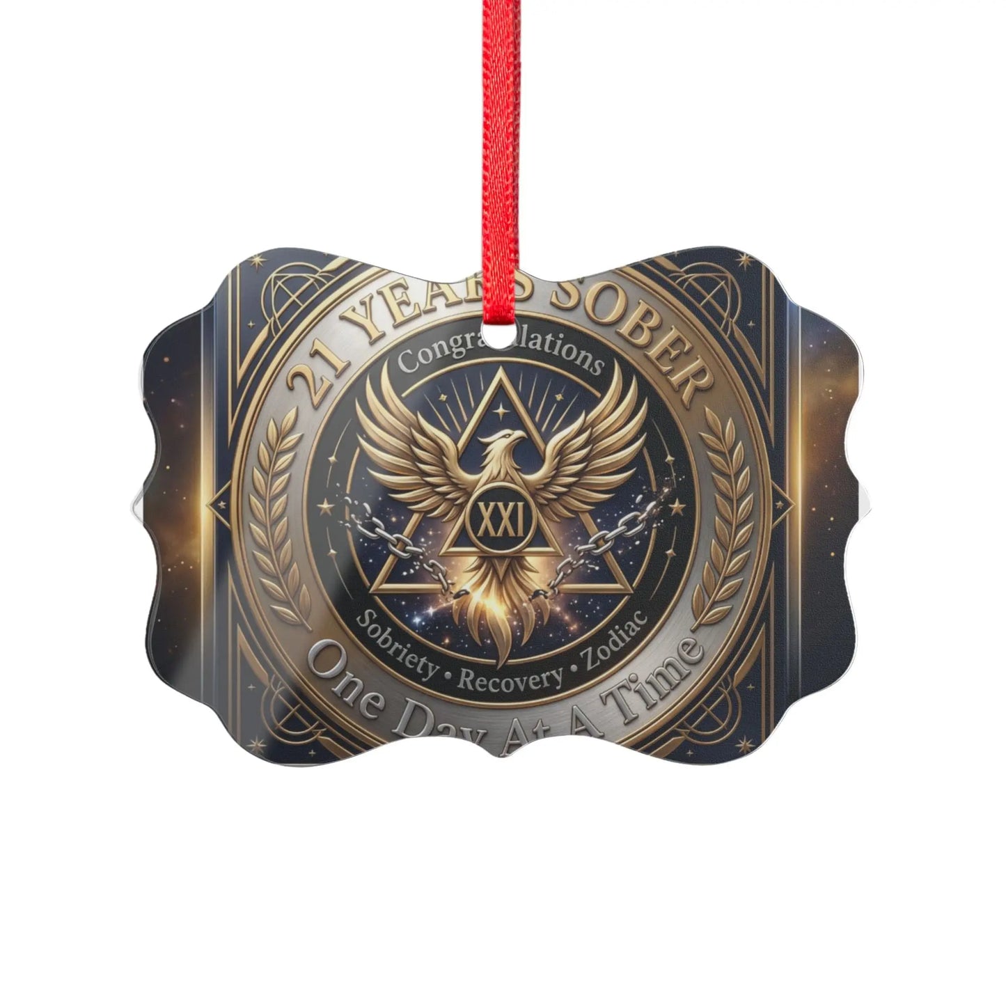 Medallion-shaped 21 Years Sober anniversary ornament featuring a golden phoenix design, premium custom acrylic AA milestone recovery gift shipped across the USA.