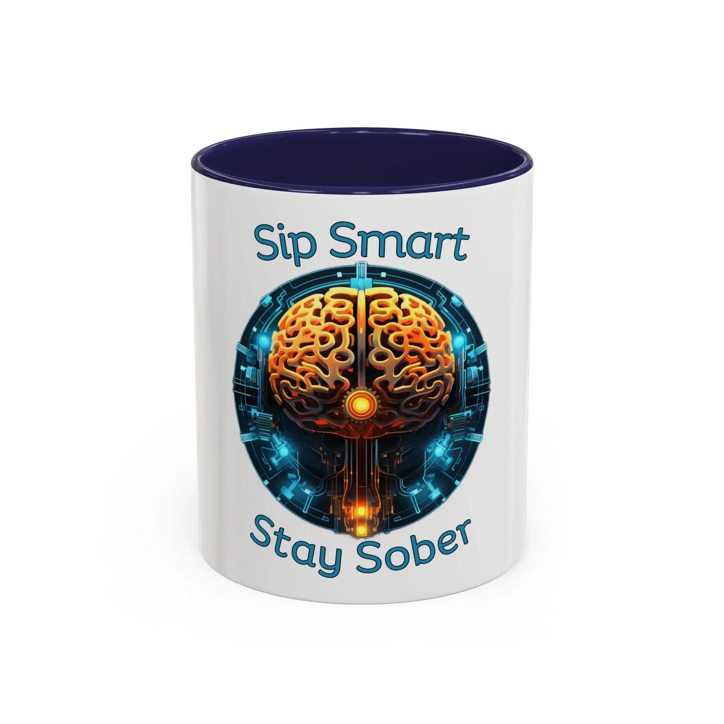 Blue Coffee Mug with brain design and 'Sip Smart Stay Sober' text on a white background