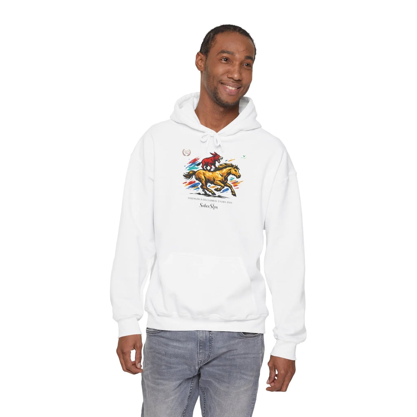 Horse Rider Graphic Hoodie — "SoberSips, Happy Lips" Coffee Backprint Printify