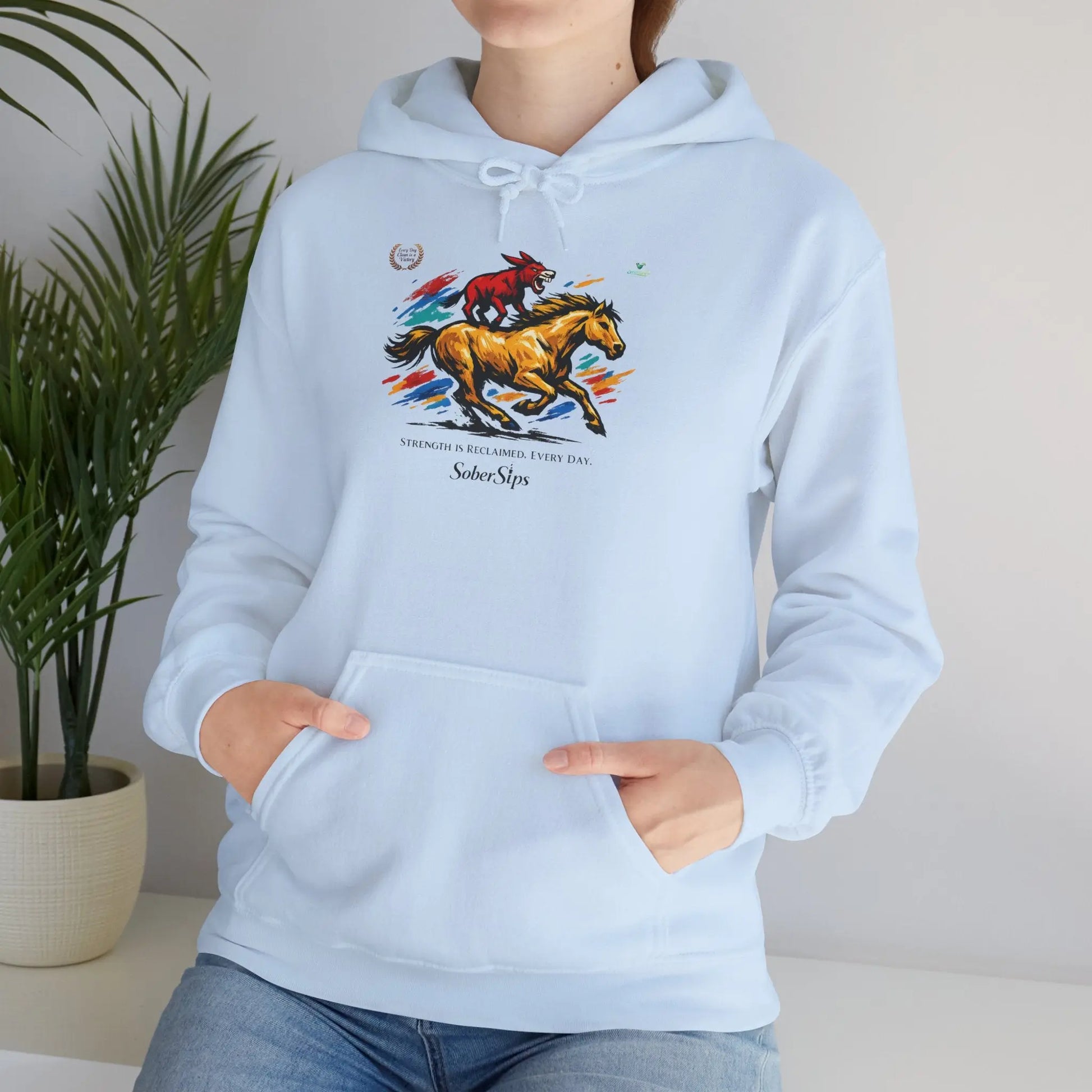 Horse Rider Graphic Hoodie — "SoberSips, Happy Lips" Coffee Backprint Printify