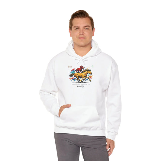 Horse Rider Graphic Hoodie — "SoberSips, Happy Lips" Coffee Backprint Printify