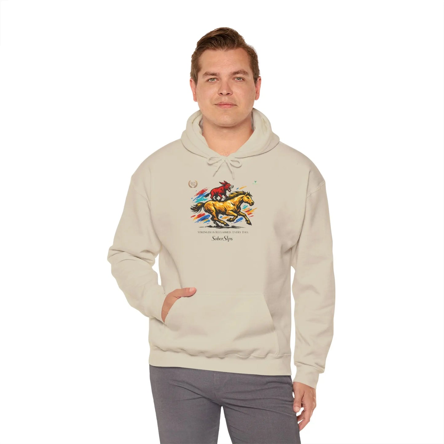 Horse Rider Graphic Hoodie — "SoberSips, Happy Lips" Coffee Backprint Printify