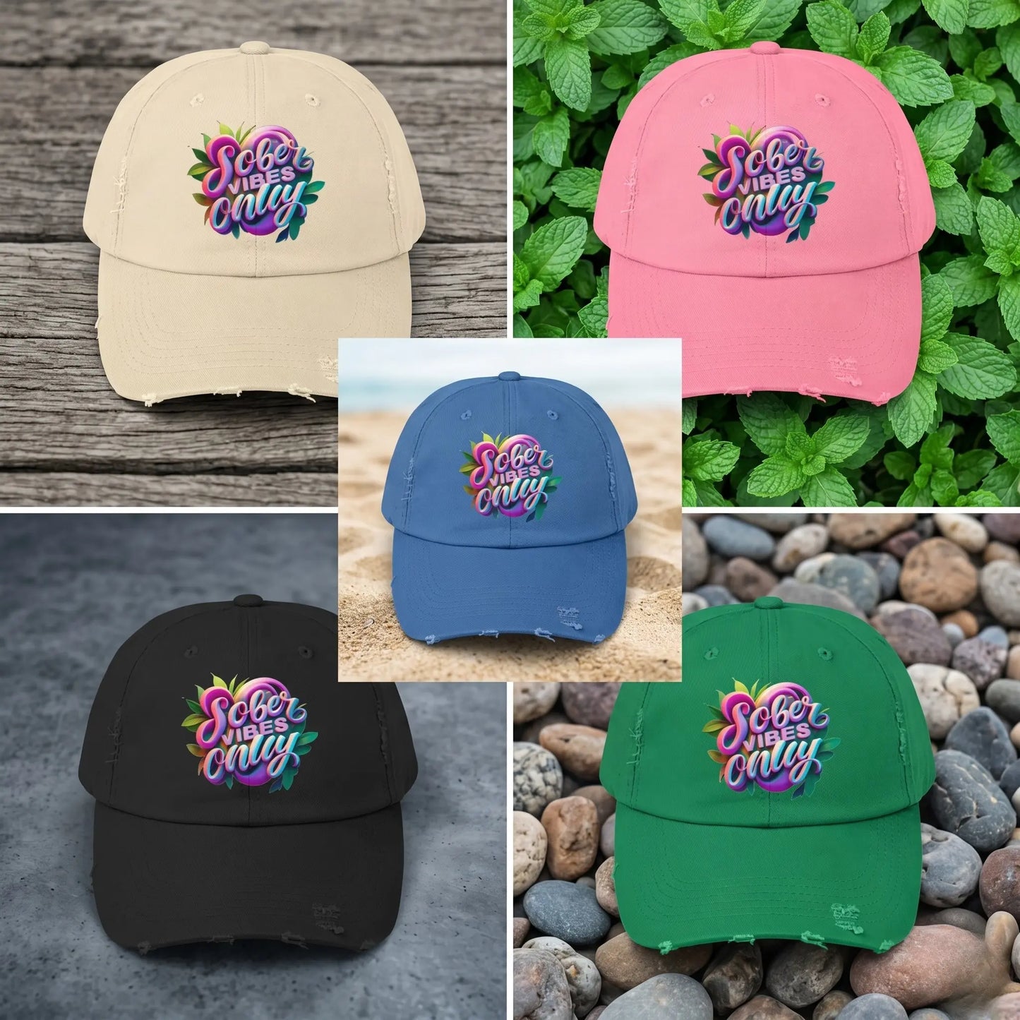Collage of five Trucker Hat in different colors with a colorful logo on a textured background.