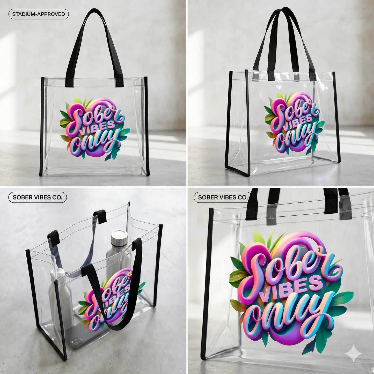 Clear Stadium Tote — "Sober Vibes Only / Sober Sips, Happy Lips" Transparent Tote - SoberSips Printify