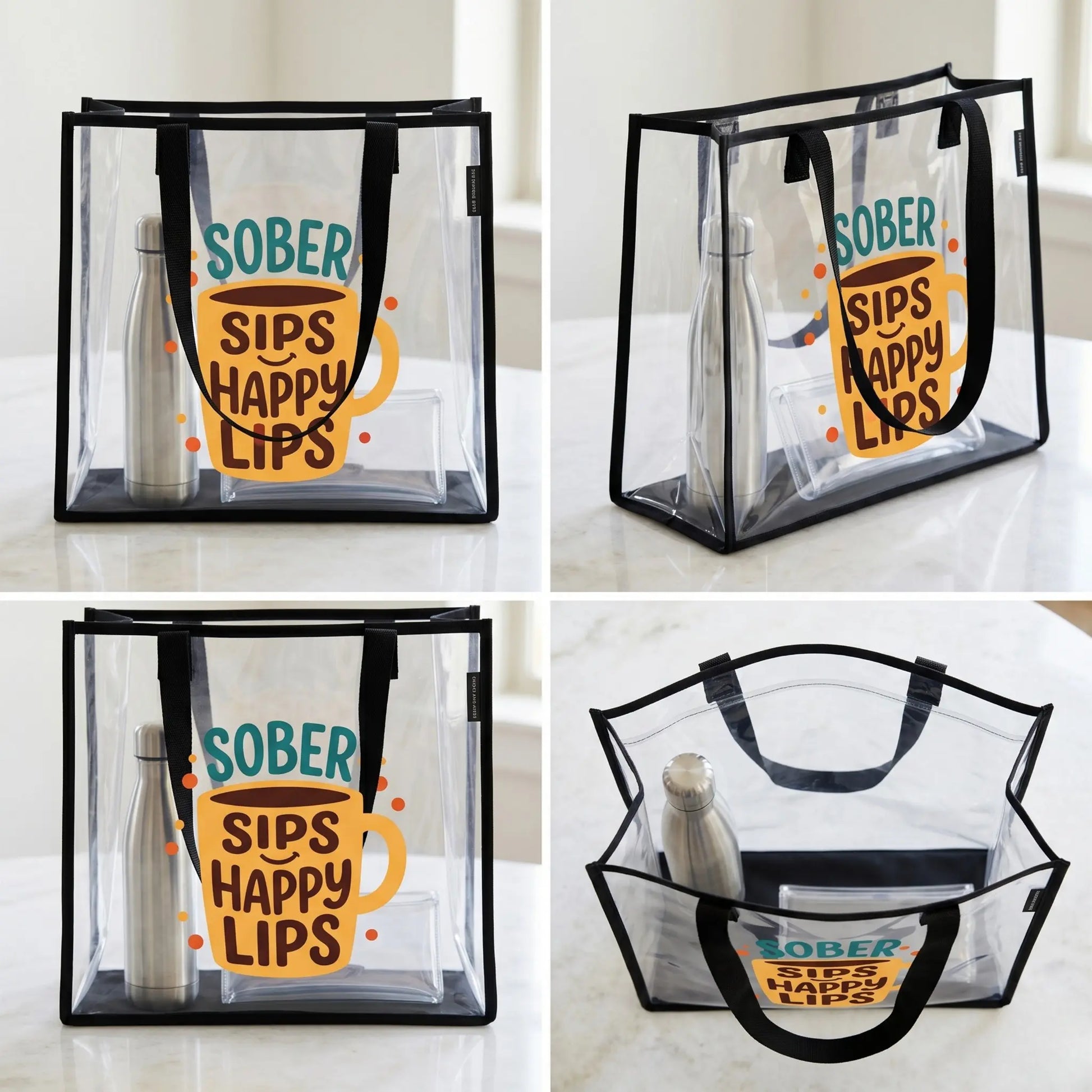 Clear Stadium Tote — "Sober Vibes Only / Sober Sips, Happy Lips" Transparent Tote - SoberSips Printify