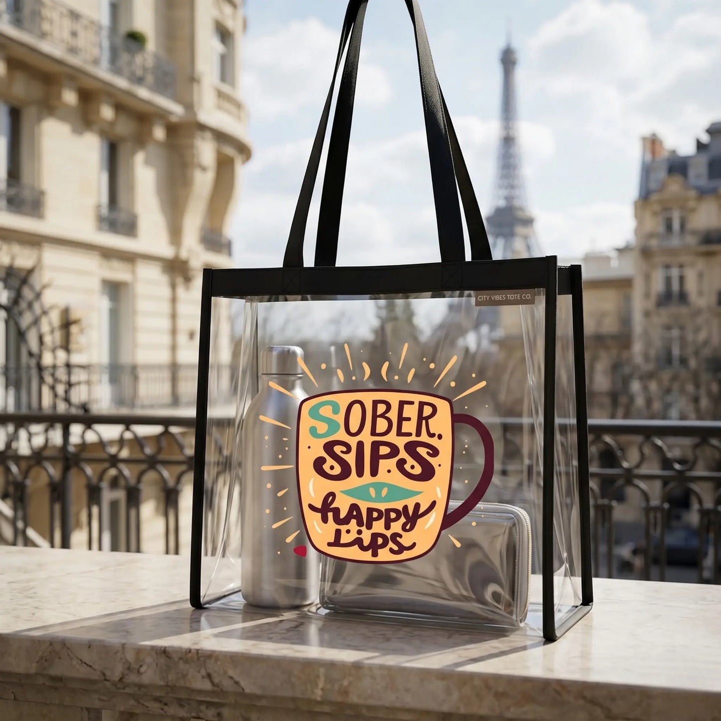 Clear Stadium Tote — "Sober Vibes Only / Sober Sips, Happy Lips" Transparent Tote - SoberSips Printify