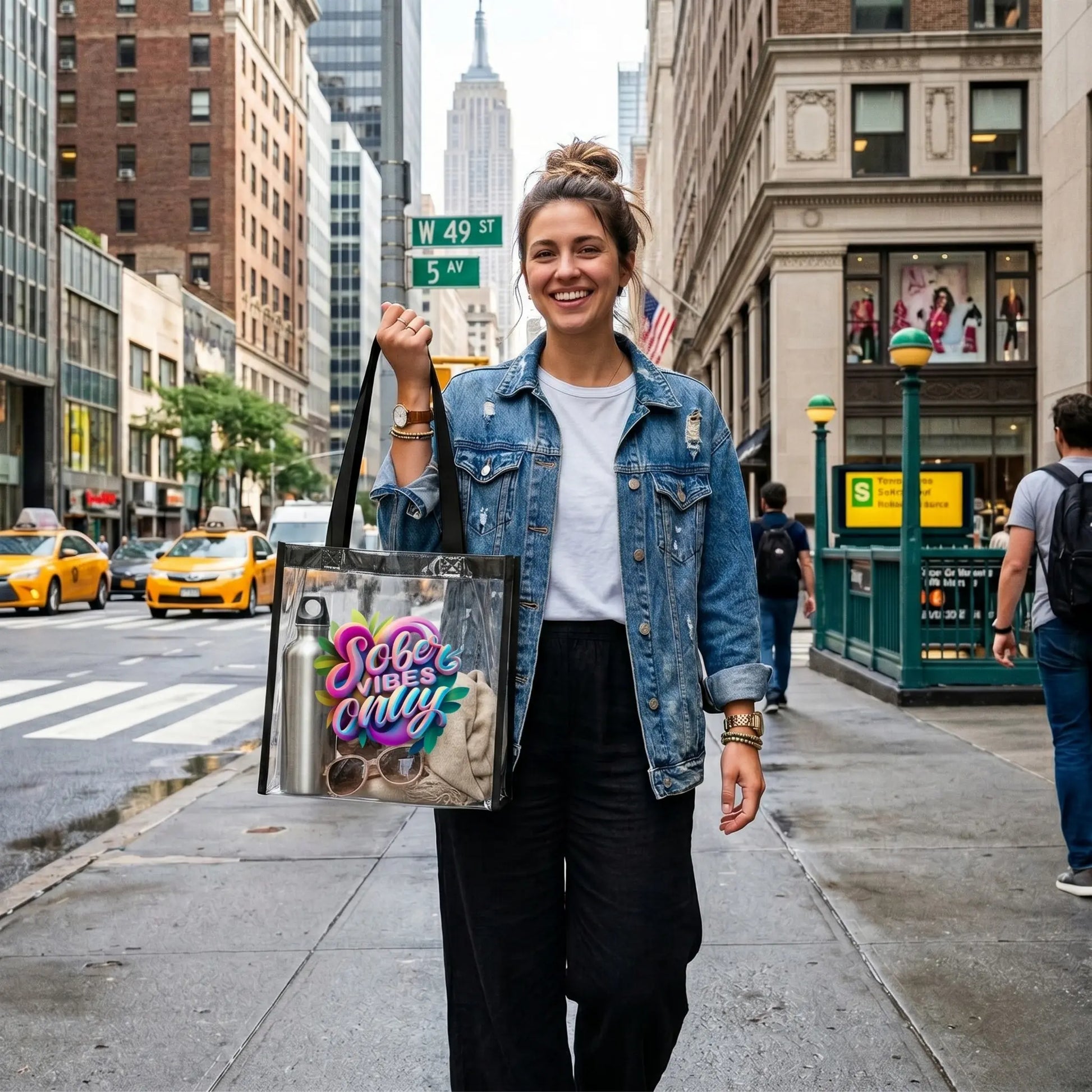 Clear Stadium Tote — "Sober Vibes Only / Sober Sips, Happy Lips" Transparent Tote - SoberSips Printify