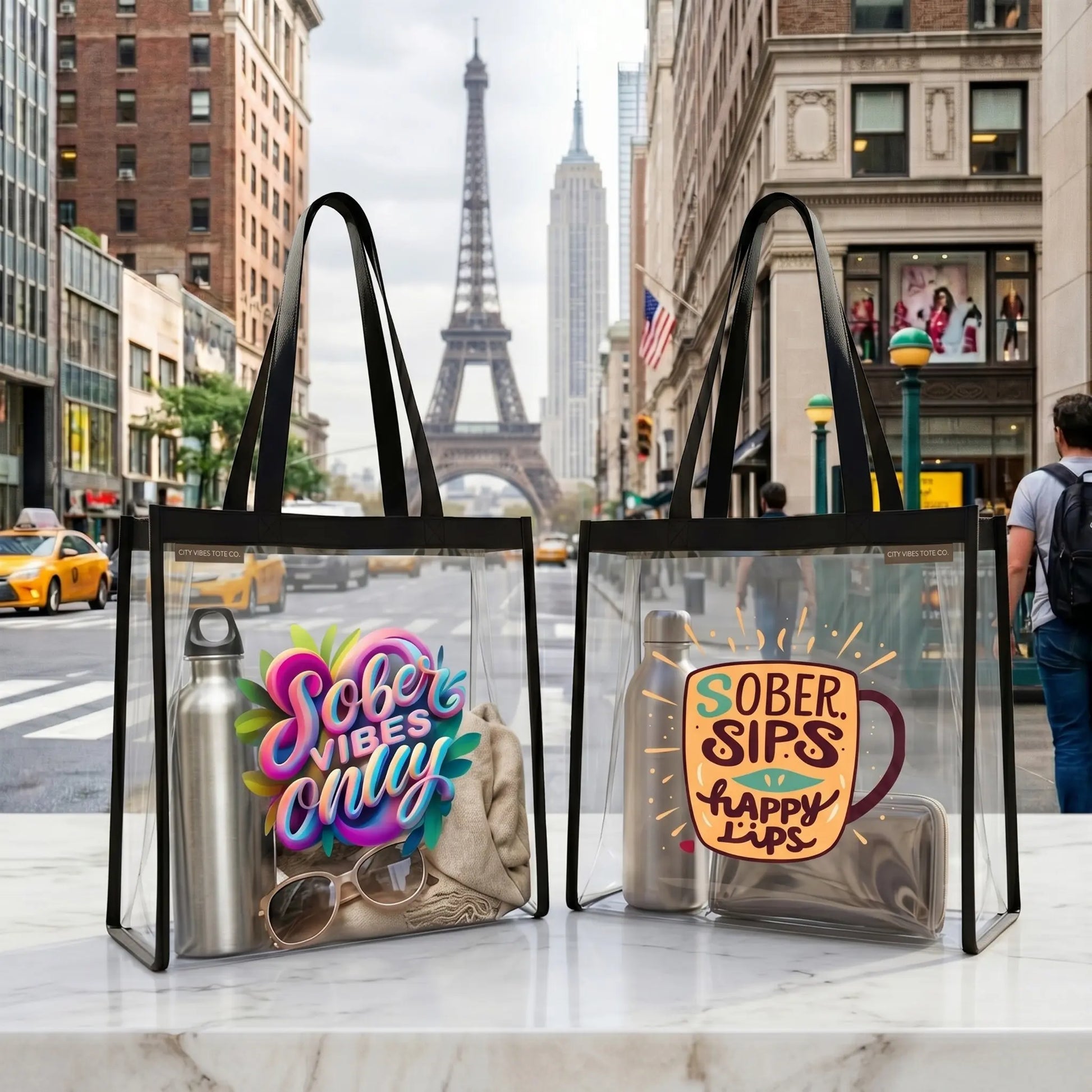 Clear Stadium Tote — "Sober Vibes Only / Sober Sips, Happy Lips" Transparent Tote - SoberSips Printify