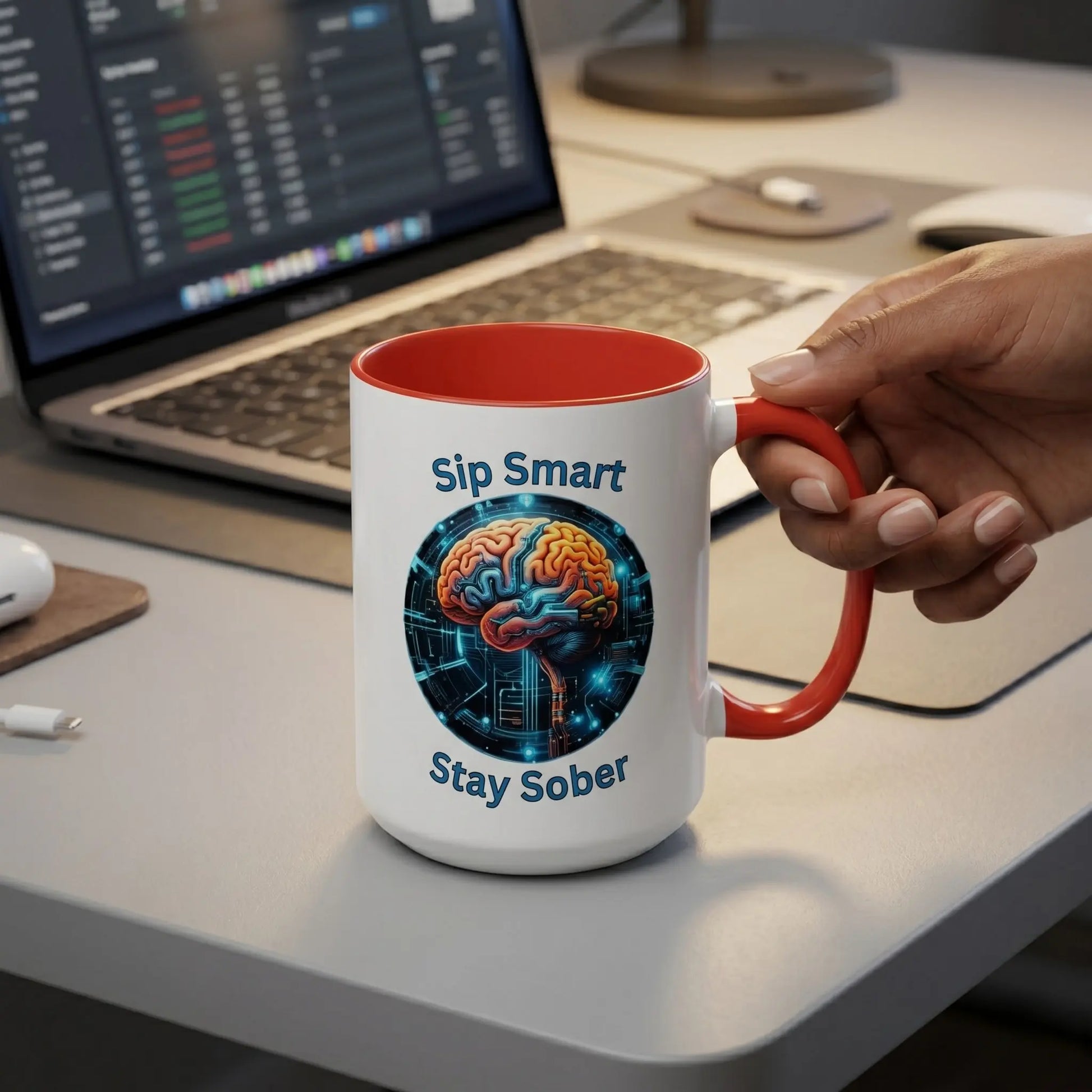 Mug with 'Sip Smart Stay Sober' design held by a hand on a desk with a laptop.