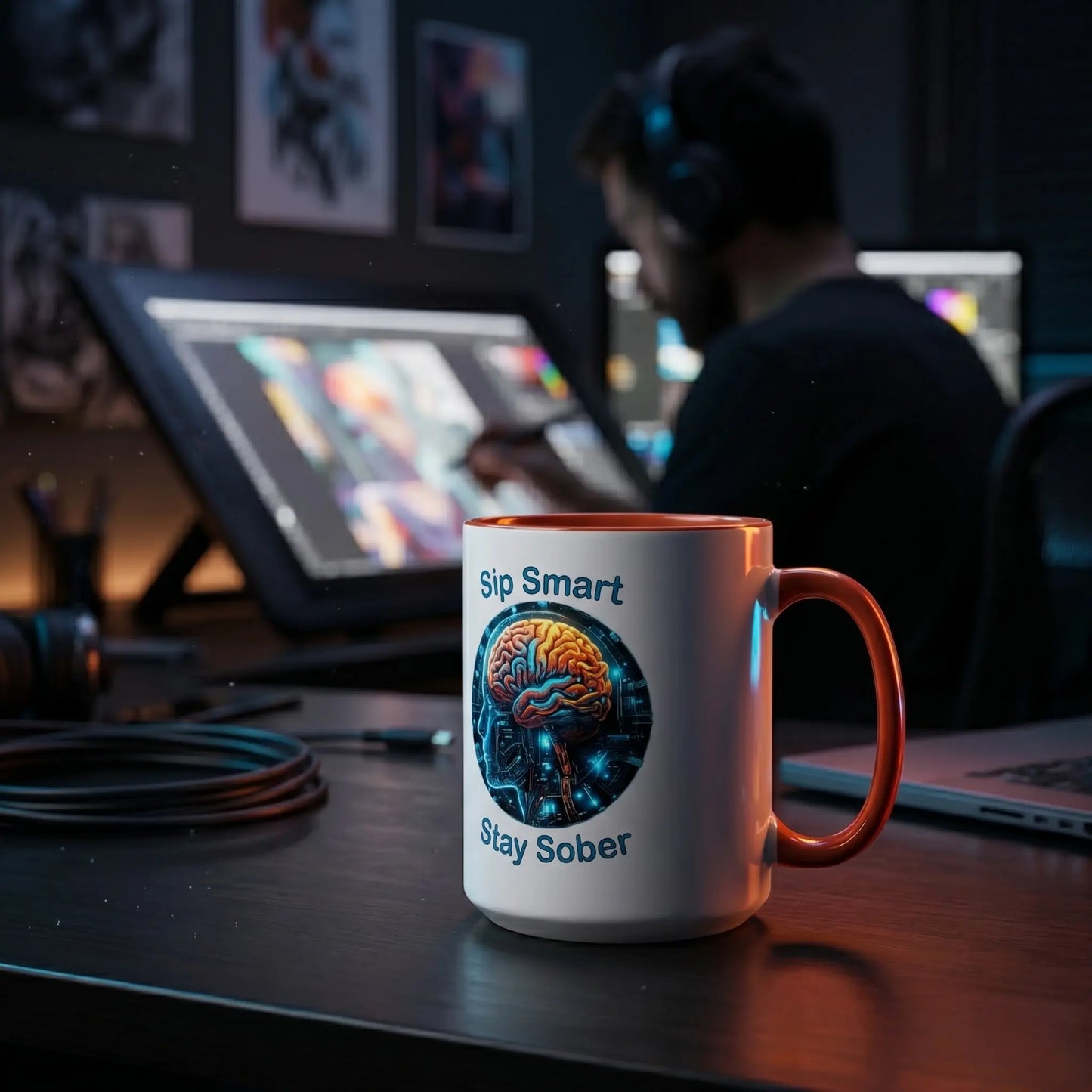 Orange Coffee Mug with 'Sip Smart Stay Sober' design on a desk with a person working in the background 15oz