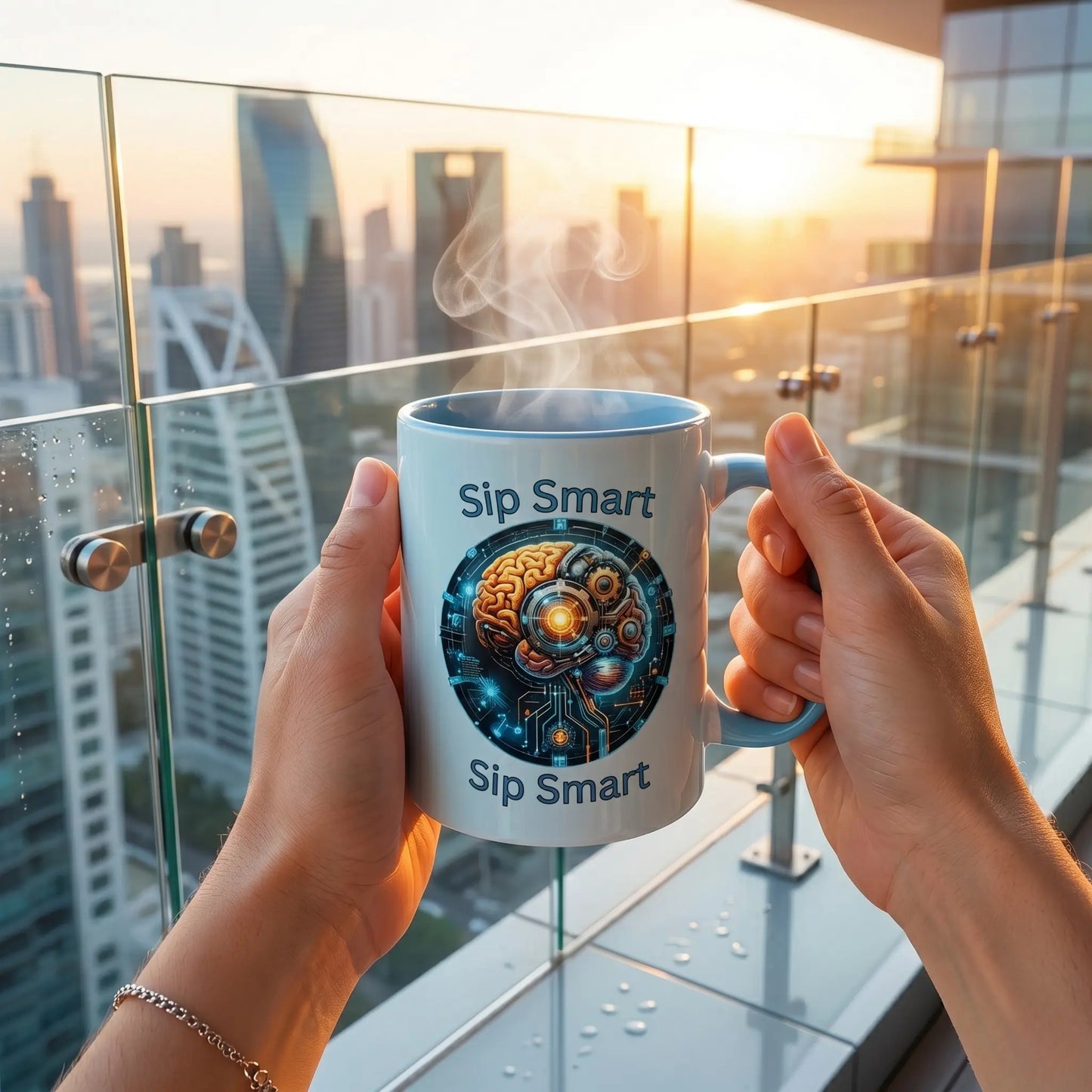 Person holding a 'Sip Smart' mug with a cityscape in the background