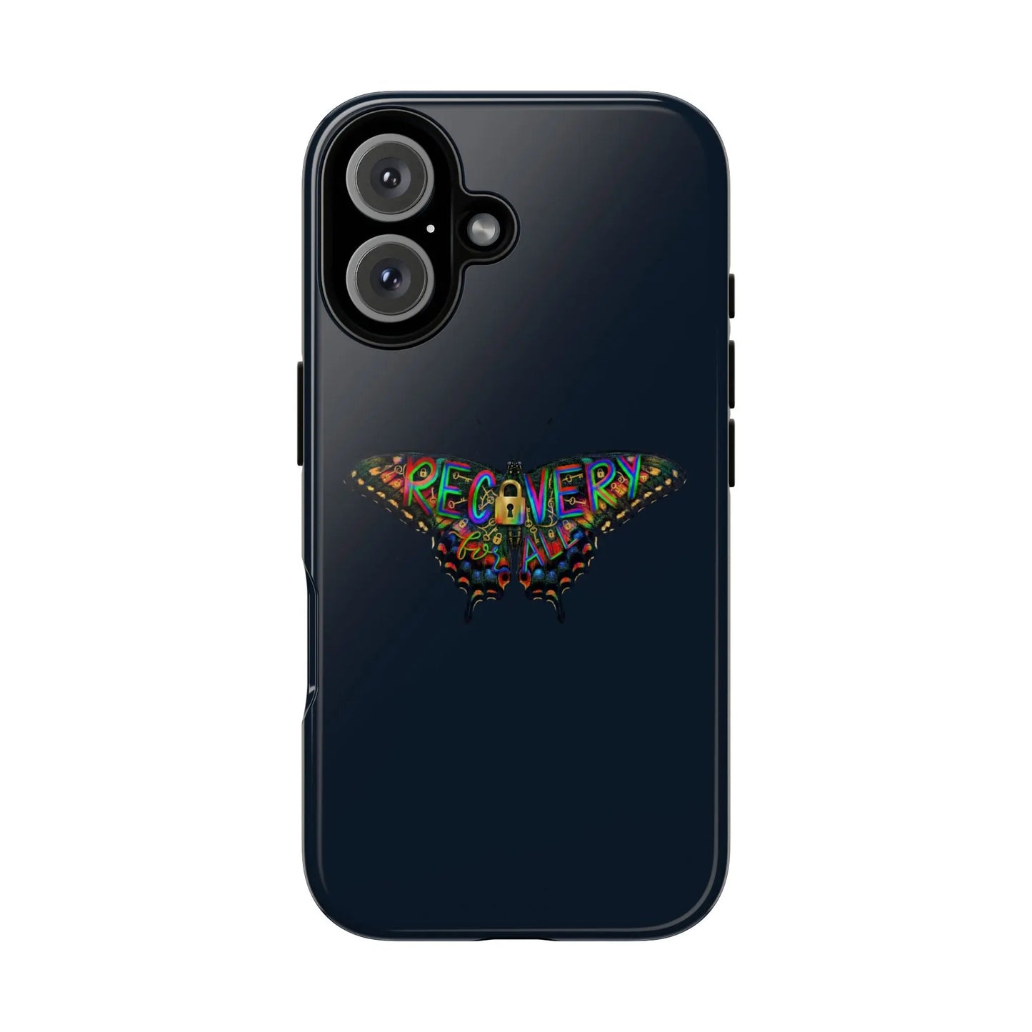 Black phone case with colorful 'RECOVERY' design on a white background