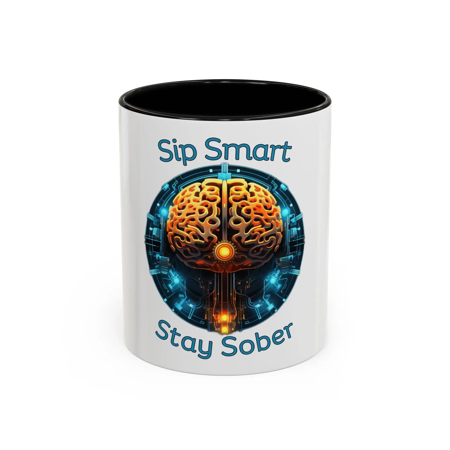 Mug with brain design and 'Sip Smart Stay Sober' text on a white background