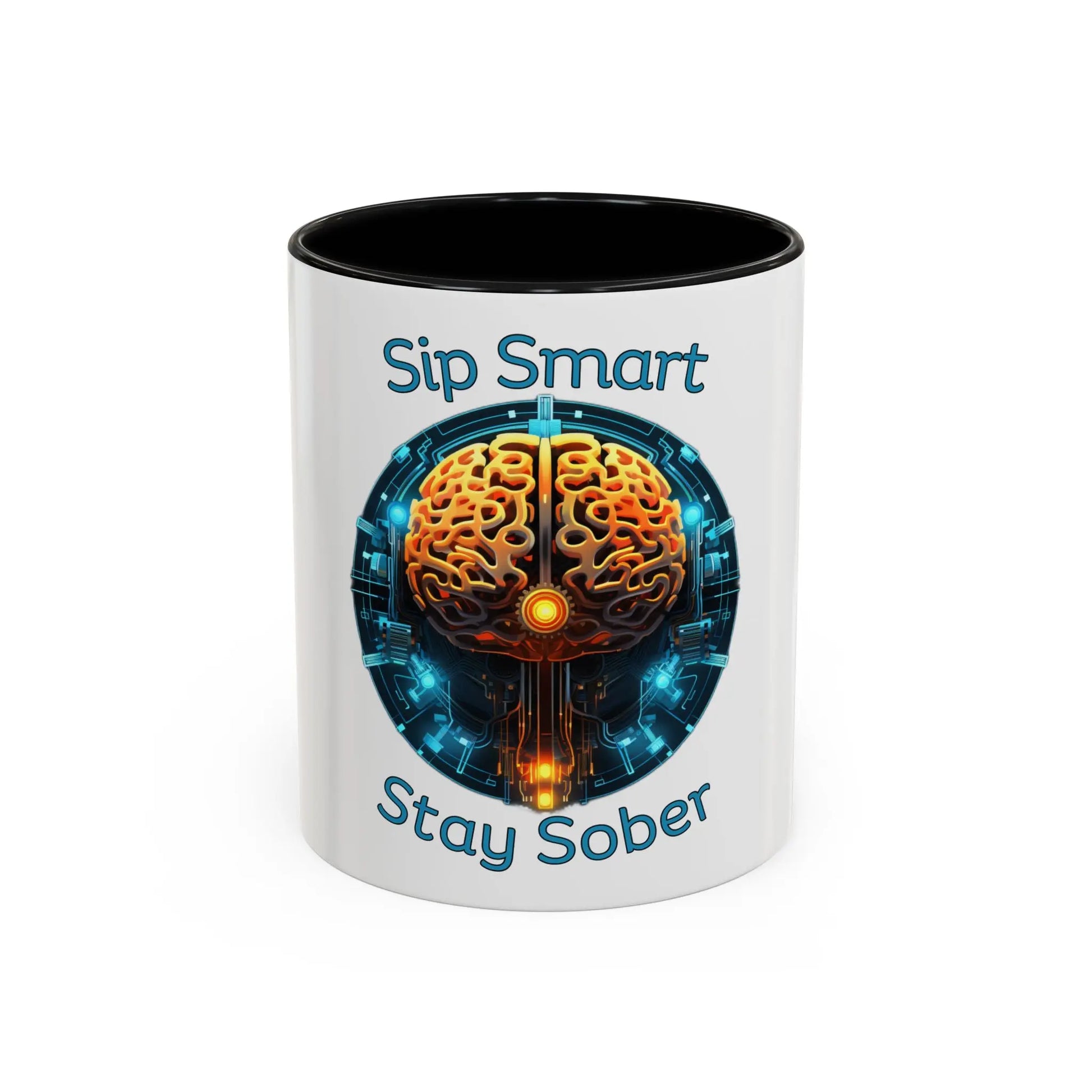Mug with brain design and 'Sip Smart Stay Sober' text on a white background