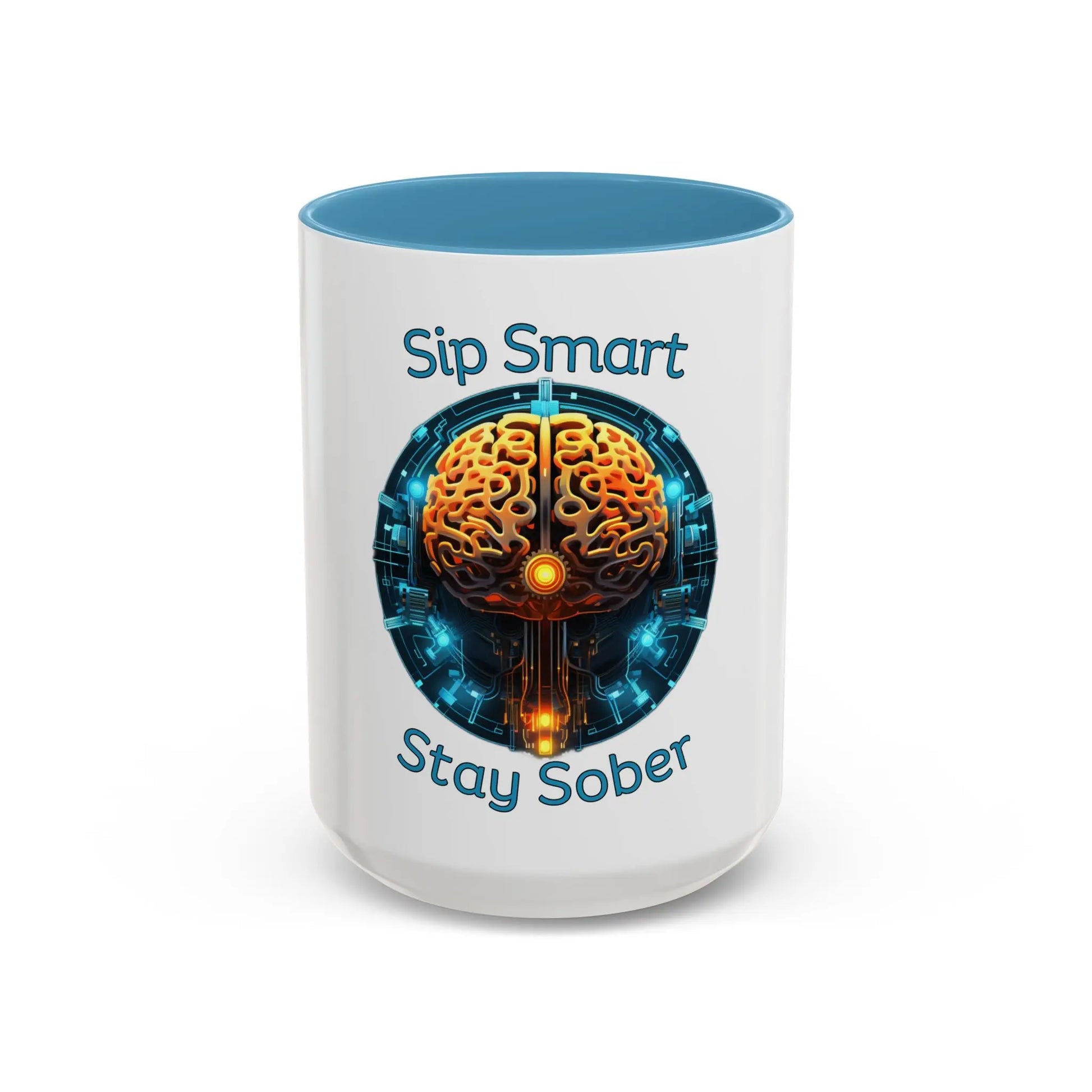Blue Coffee Mug with brain design and 'Sip Smart Stay Sober' 15oz