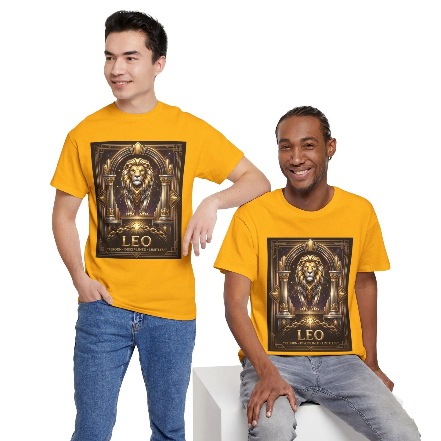 Leo Zodiac Lion T‑Shirt — Gold Heraldic Astrology Tee Printify