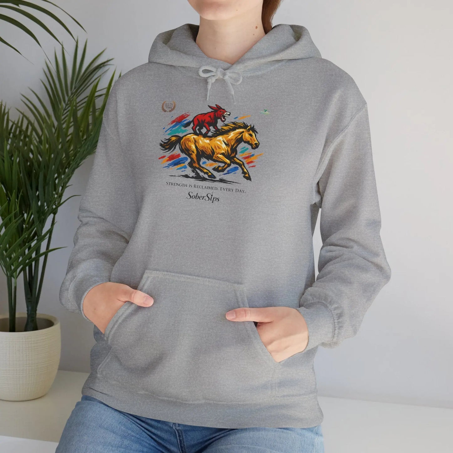 Horse Rider Graphic Hoodie — "SoberSips, Happy Lips" Coffee Backprint Printify