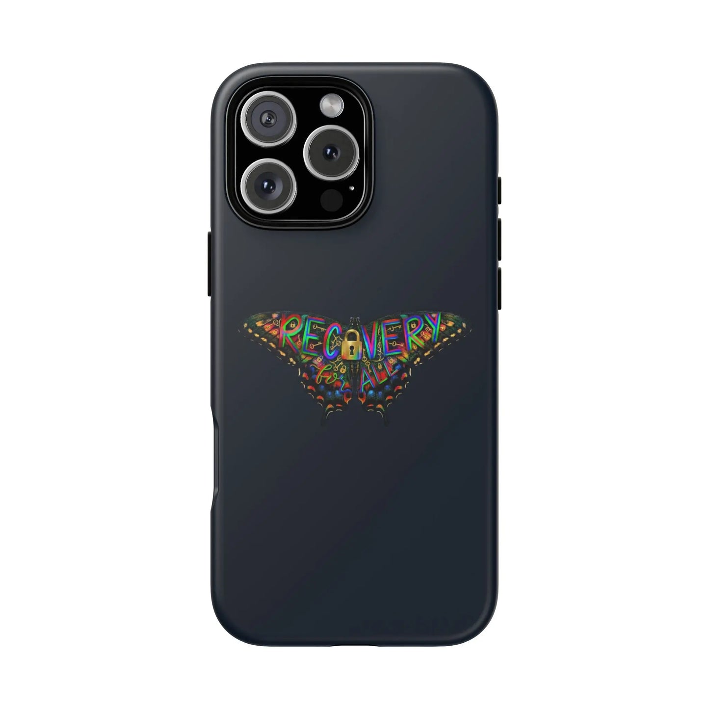 Black phone case with colorful 'RECOVERY' design on a white background