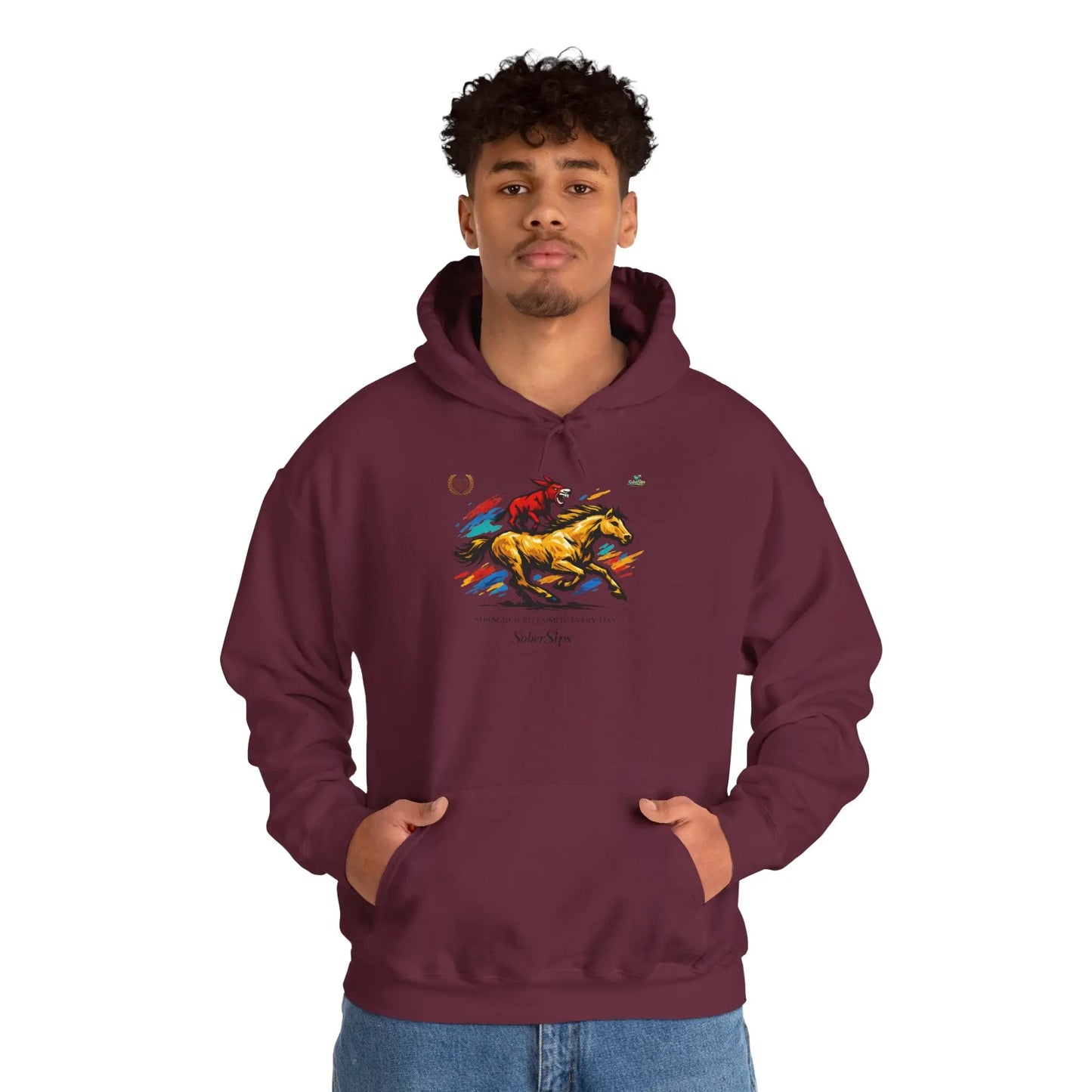 Horse Rider Graphic Hoodie — "SoberSips, Happy Lips" Coffee Backprint Printify