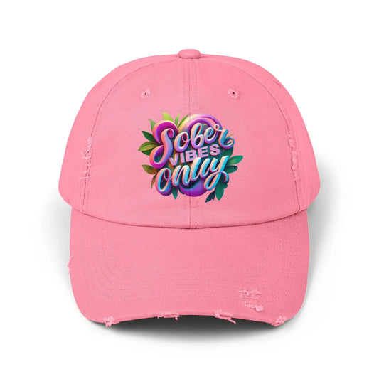 Pink Trucker Hat with colorful 'Sober vibes only' text on a white background