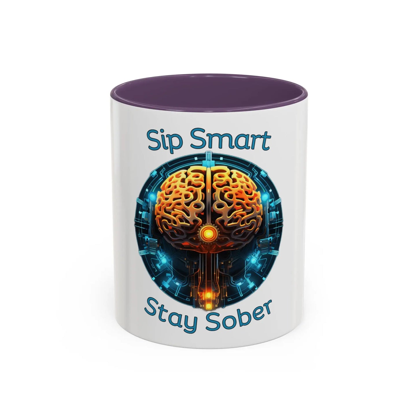 Purple Coffee Mug with brain design and 'Sip Smart Stay Sober' 15oz