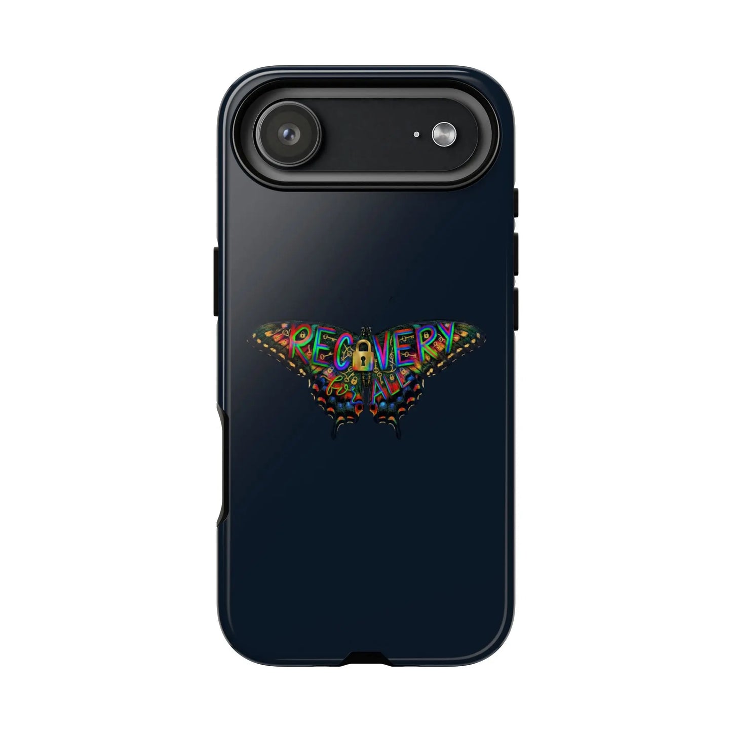 Black phone case with colorful 'RECOVERY' design on a white background