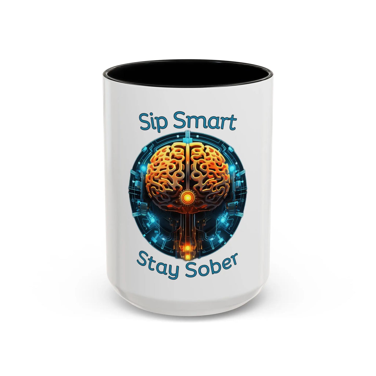 Black Coffee Mug with brain design and 'Sip Smart Stay Sober' text on a white background