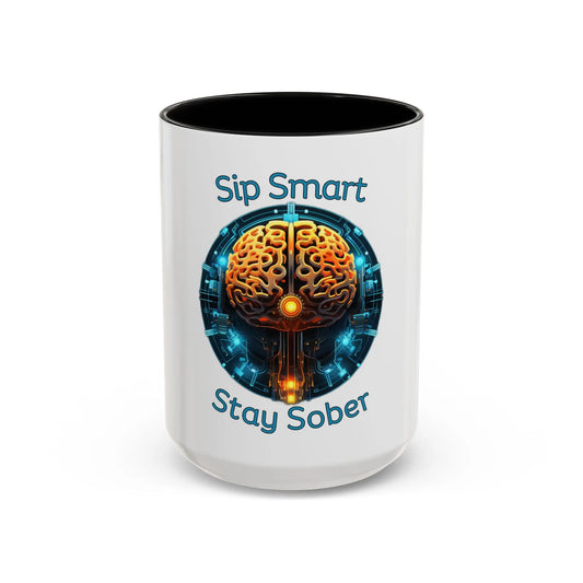 Black Coffee Mug with brain design and 'Sip Smart Stay Sober' text on a white background
