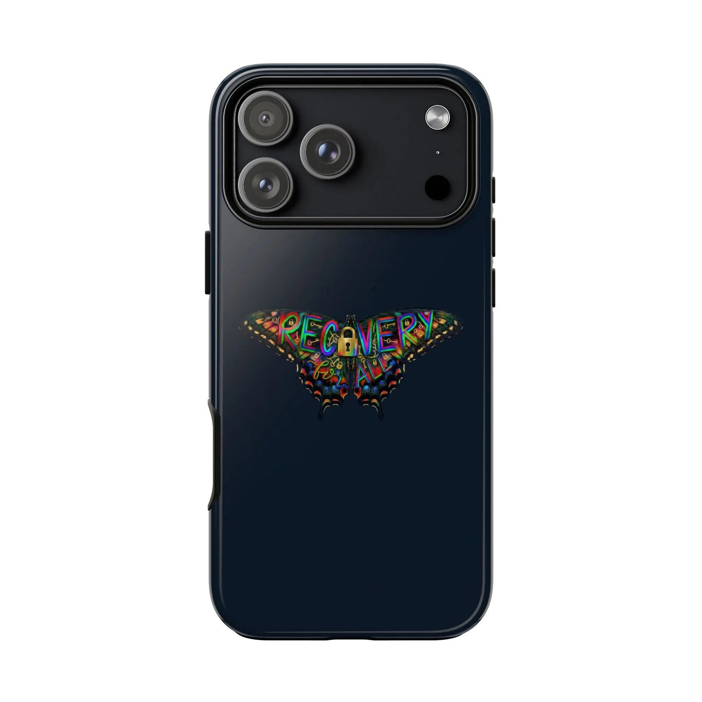 Black phone case with colorful 'RECOVERY' design on a white background