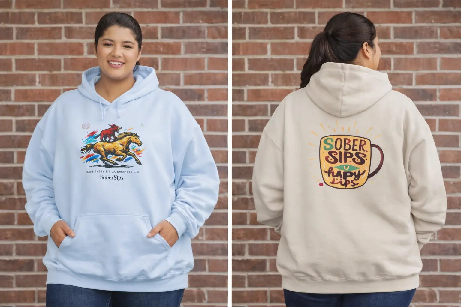 Horse Rider Graphic Hoodie — "SoberSips, Happy Lips" Coffee Backprint Printify