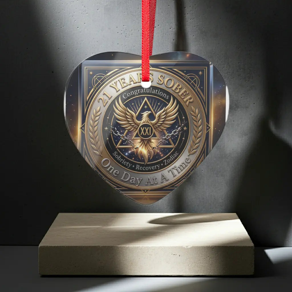 Heart-shaped 21 Years Sober acrylic ornament with red ribbon displayed on a stone platform under spotlight, premium AA anniversary recovery milestone keepsake shipped across the USA.